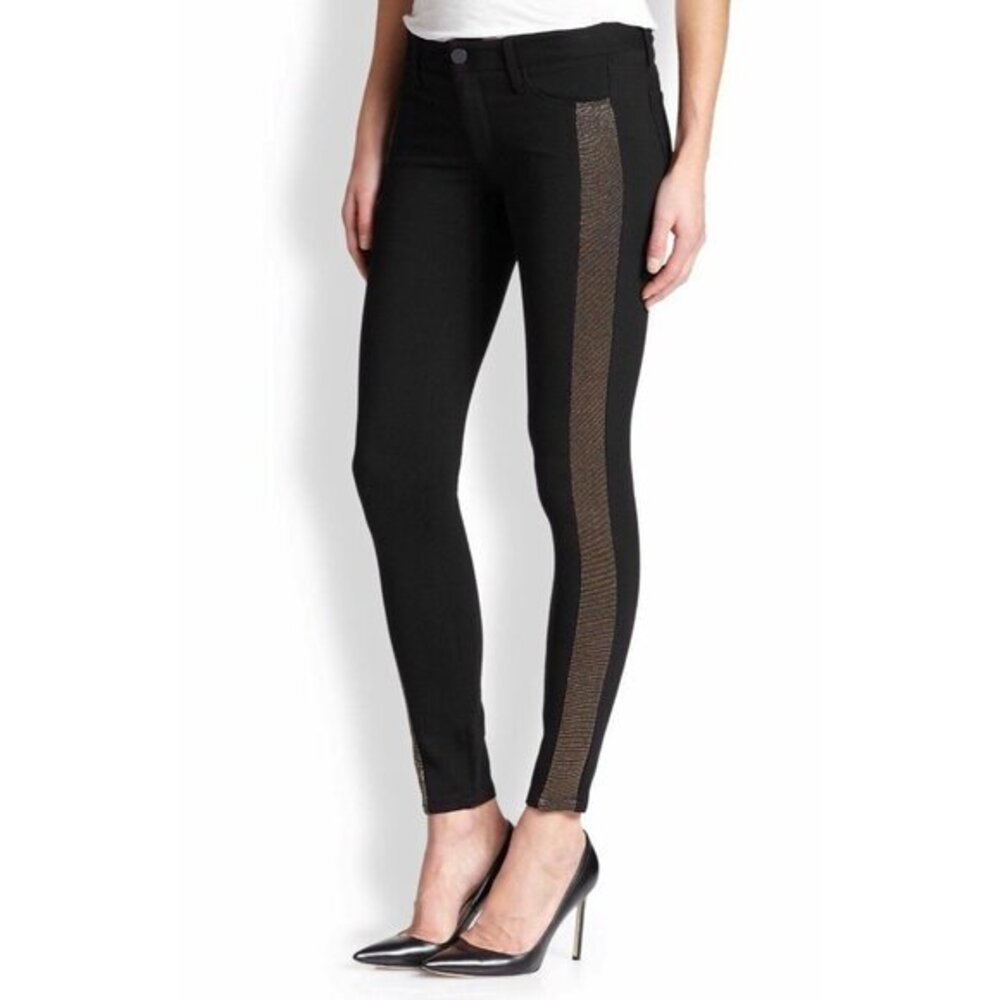 Paige Melissa Slim Pants Black Stretch Gold Trim Tuxedo Stripe SZ 30 New $199
